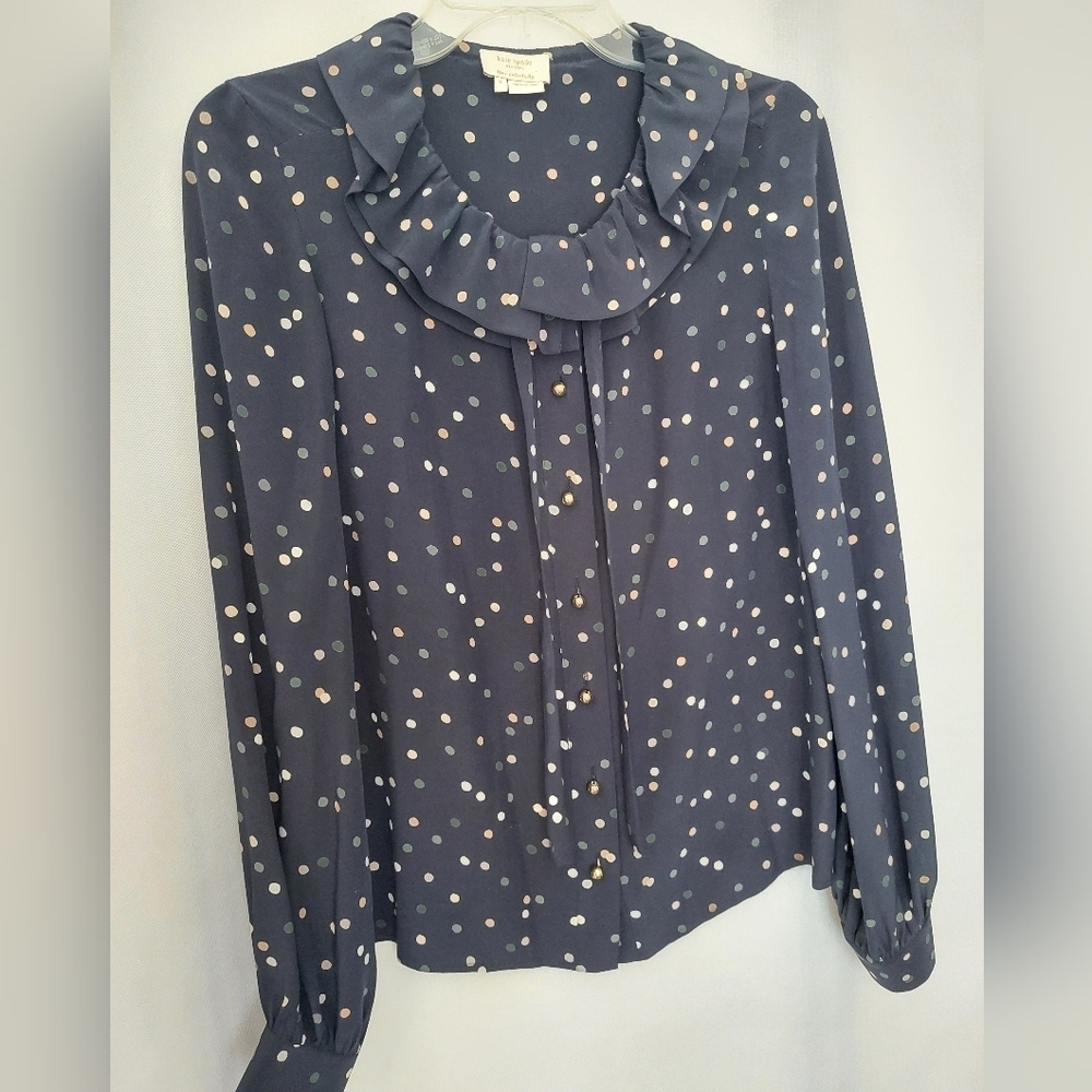 Kate Spade Lynette Navy Polka Dot Blouse with Ruffle Neck